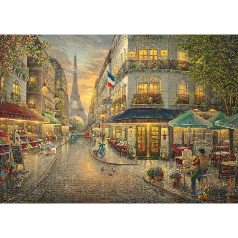 Pariser Straßenszene bei Sonnenuntergang mit Cafés, Geschäften und Eiffelturm im Hintergrund. Pariser Straßenszene bei Sonnenuntergang mit Cafés, Geschäften und Eiffelturm im Hintergrund.