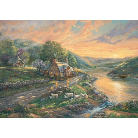 Ein Cottage am Fluss bei Sonnenuntergang, Schafe weiden, im Hintergrund sanfte Hügel. Ein Cottage am Fluss bei Sonnenuntergang, Schafe weiden, im Hintergrund sanfte Hügel.