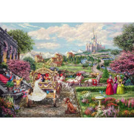 Eine Prinzessin fährt in einer Kutsche durch einen bunten Garten mit Zuschauern, Pferden und entferntem Schloss.