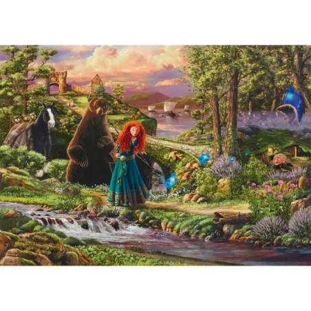 Ein rothaariges Mädchen im grünen Kleid steht mit Bär, Pferd und blauen Lichtern an einem Bach im Wald. Ein rothaariges Mädchen im grünen Kleid steht mit Bär, Pferd und blauen Lichtern an einem Bach im Wald.