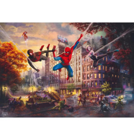 Drei Spider-People schwingen durch die Stadt, während unten Helden und Schurken kämpfen.