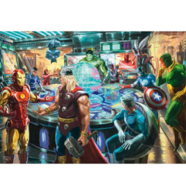Marvel-Helden wie Iron Man, Thor, Hulk und Captain America versammeln sich an einem Hightech-Tisch.