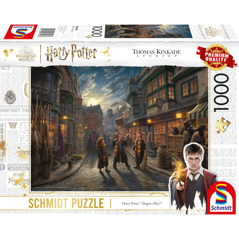 Harry Potter Puzzle mit 1000 Teilen, zeigt eine Szene aus der Winkelgasse mit Charakteren und Zaubergeschäften.