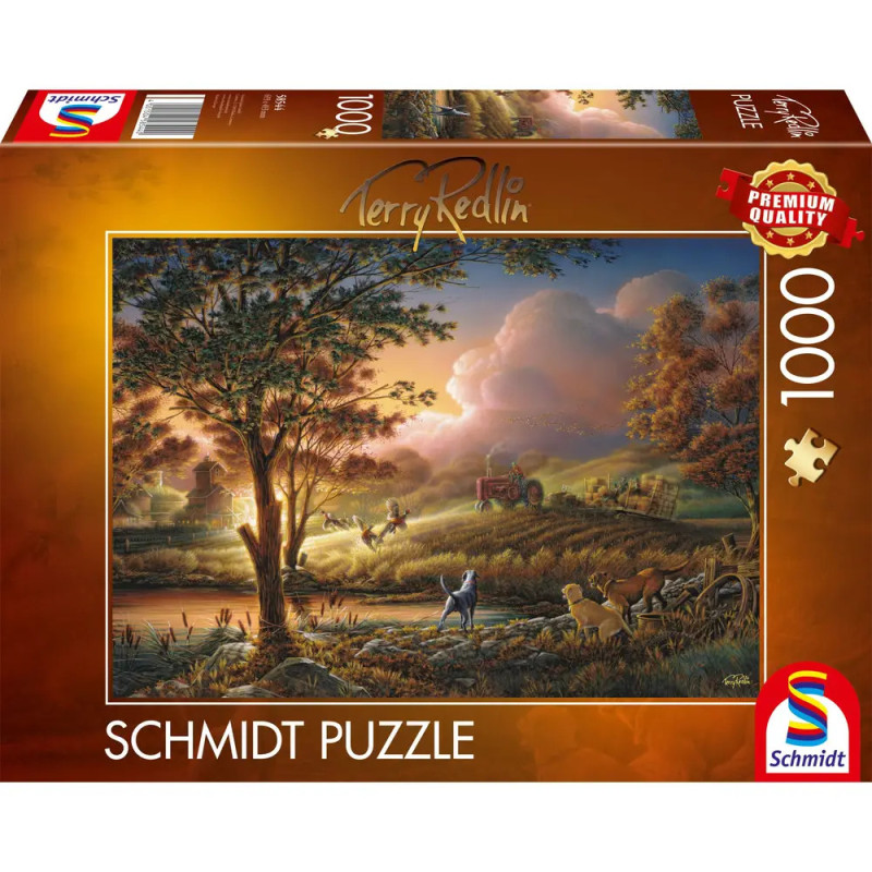 Schmidt 1000-Teile-Puzzle mit einem Gemälde von Hunden am Fluss in ländlicher Landschaft auf der Verpackung.