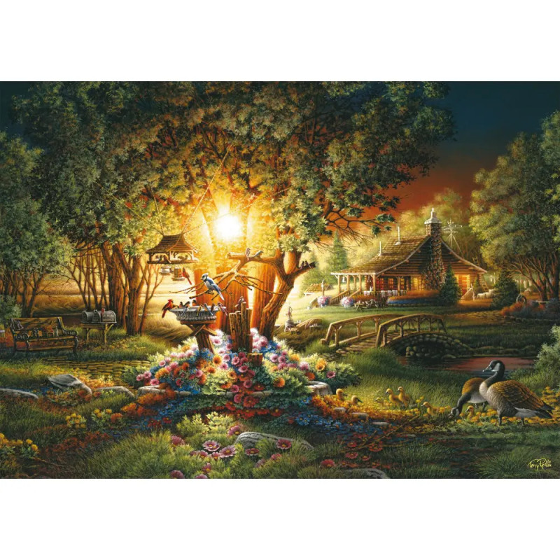 Ein sonniger Garten mit großem Baum, Blumen, Vögeln, Häuschen, Brücke und einer Gans am Teich. Ein sonniger Garten mit großem Baum, Blumen, Vögeln, Häuschen, Brücke und einer Gans am Teich.