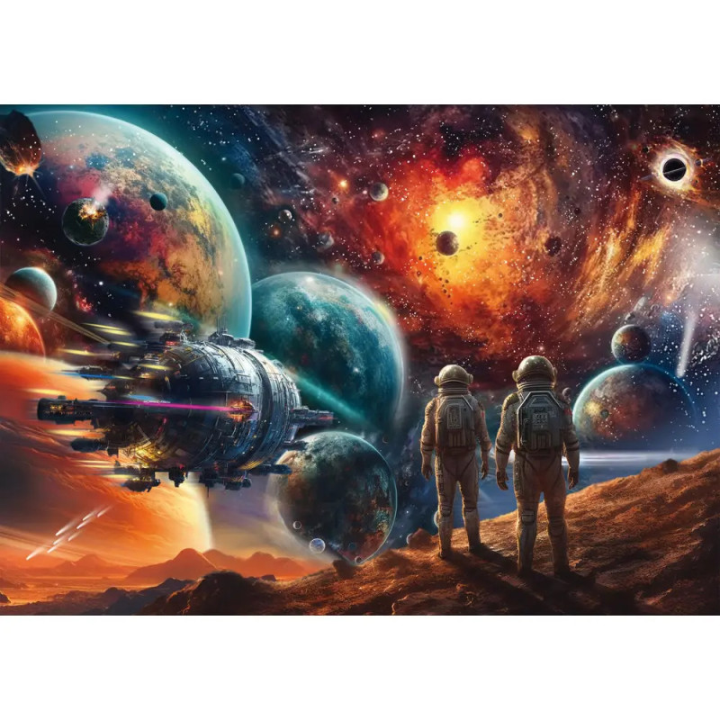 Zwei Astronauten stehen auf felsigem Boden und blicken auf ein Raumschiff sowie bunte Planeten im All. Zwei Astronauten stehen auf felsigem Boden und blicken auf ein Raumschiff sowie bunte Planeten im All.