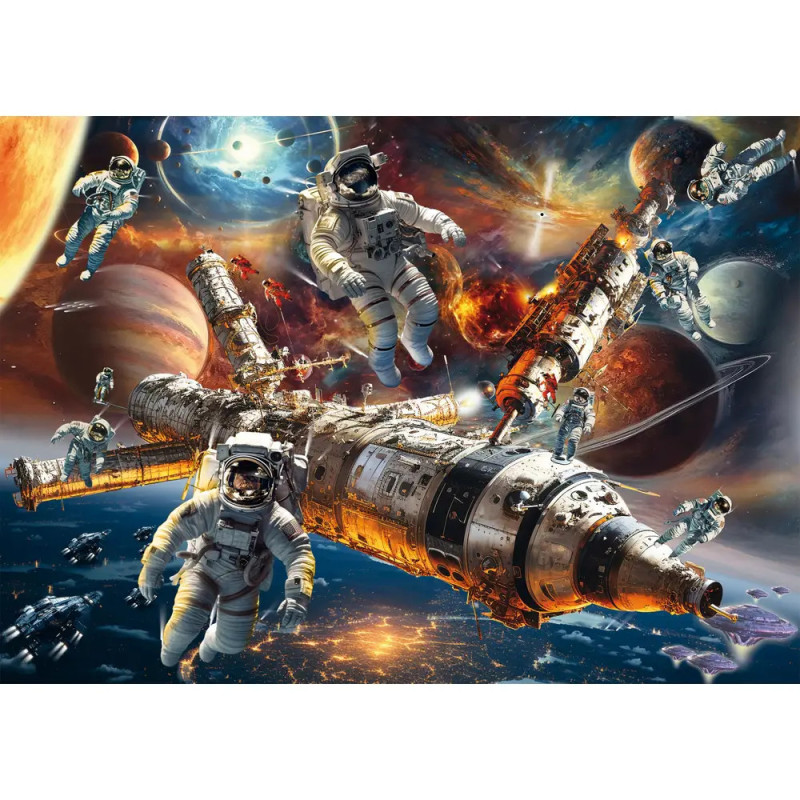 Astronauten schweben nahe einer Raumstation vor buntem Hintergrund mit Planeten, Sternen und Galaxien. Astronauten schweben nahe einer Raumstation vor buntem Hintergrund mit Planeten, Sternen und Galaxien.