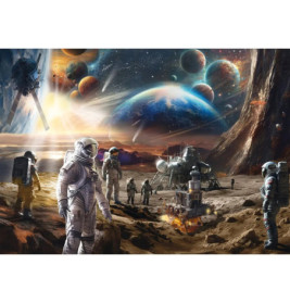 Astronauten erkunden einen fremden Planeten, Raumschiffe und Planeten sind vor einem leuchtenden Sternenhimmel zu sehen.