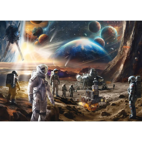 Astronauten erkunden einen fremden Planeten, Raumschiffe und Planeten sind vor einem leuchtenden Sternenhimmel zu sehen.