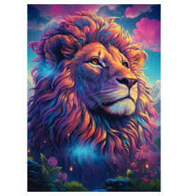 Ein Löwe mit bunter Mähne blickt aufwärts vor traumhaftem Himmel und leuchtender Landschaft.