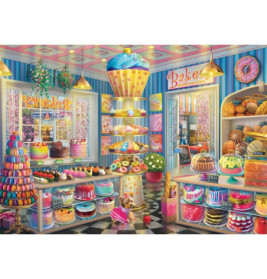 Bunte Bäckerei mit Torten, Gebäck, Macarons und Hund auf Schachbrettboden, Cupcake-Deko an der Decke.
