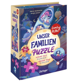 Bunte Verpackung des Unser Familien Puzzles mit Cartoon-Tieren im Raumschiff und Puzzleteilen auf dem Deckel.