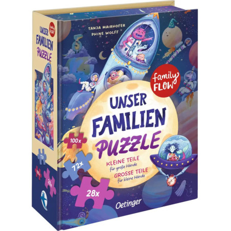 Bunte Verpackung des Unser Familien Puzzles mit Cartoon-Tieren im Raumschiff und Puzzleteilen auf dem Deckel. Bunte Verpackung des Unser Familien Puzzles mit Cartoon-Tieren im Raumschiff und Puzzleteilen auf dem Deckel.