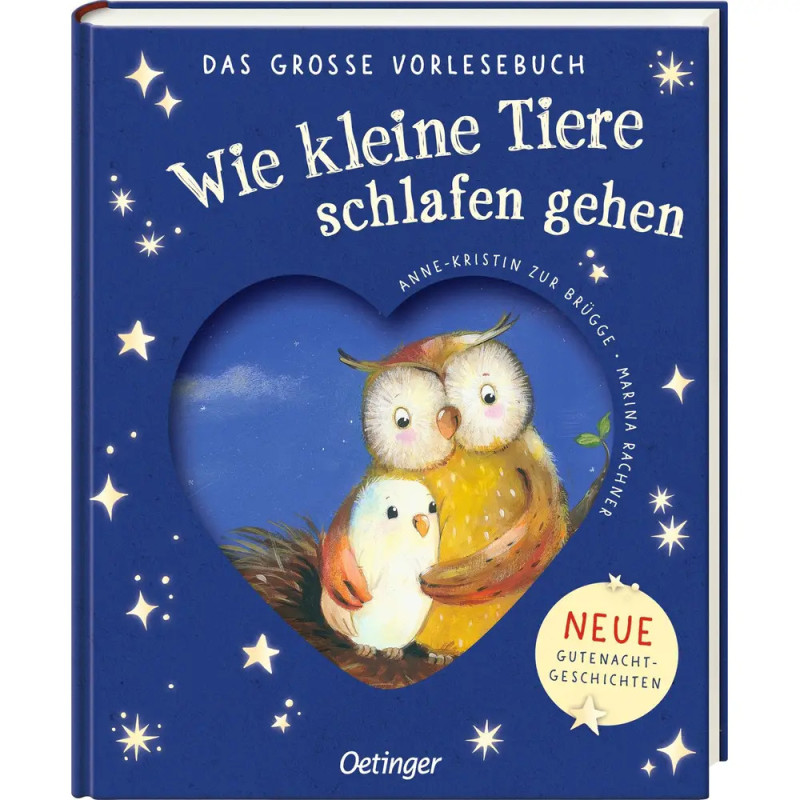 Kinderbuchcover: Zwei Eulen kuscheln in Herzform, umgeben von Sternen und deutschem Text. Kinderbuchcover: Zwei Eulen kuscheln in Herzform, umgeben von Sternen und deutschem Text.
