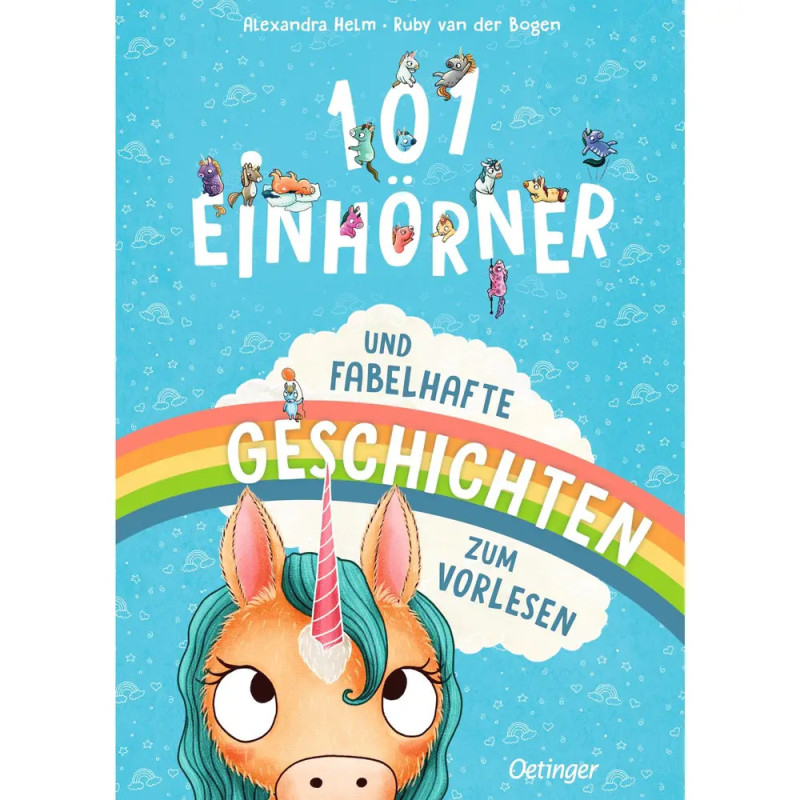Buchcover mit gezeichnetem Einhorn, Regenbogen, kleinen Einhörnern und Titel 101 Einhörner und fabelhafte Geschichten.