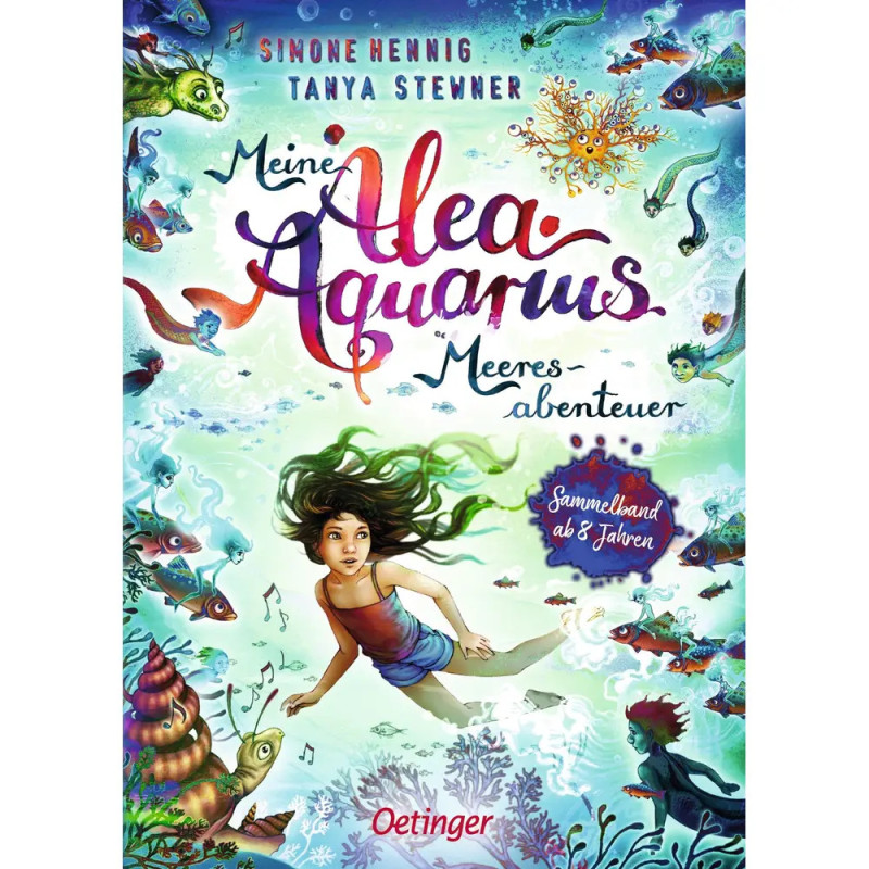 Buchcover: Ein Mädchen schwimmt unter Wasser, umgeben von bunten Fischen und Meerestieren.