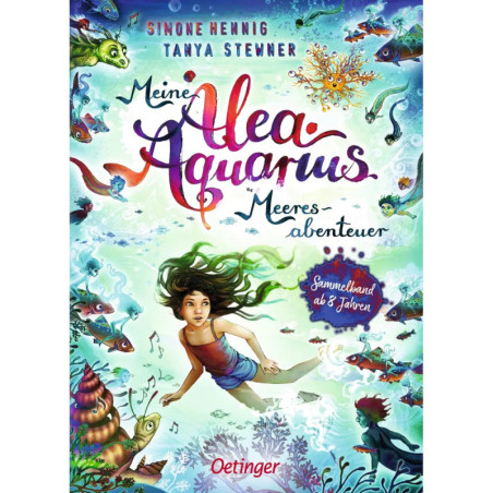 Buchcover: Ein Mädchen schwimmt unter Wasser, umgeben von bunten Fischen und Meerestieren.