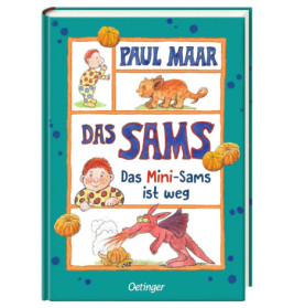 Buchcover von Das Sams: Das Mini-Sams ist weg mit Figuren und Drache auf türkisfarbenem Hintergrund.