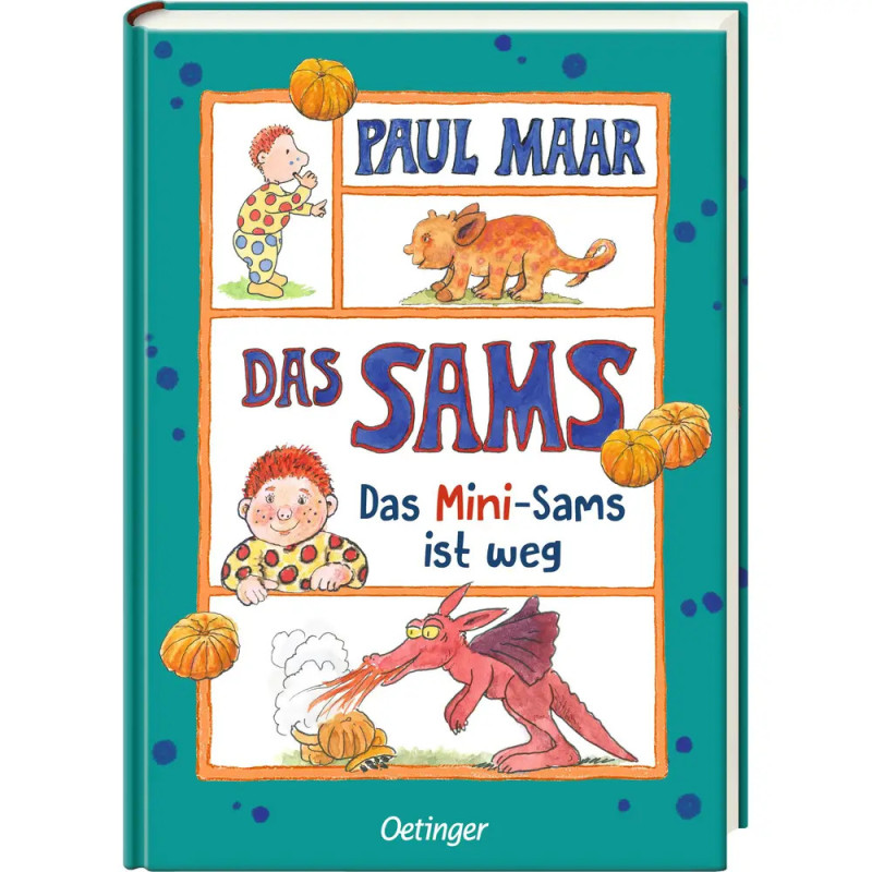 Buchcover von Das Sams: Das Mini-Sams ist weg mit Figuren und Drache auf türkisfarbenem Hintergrund.