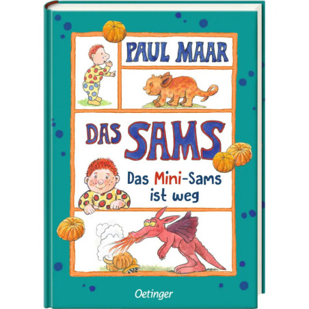Buchcover von Das Sams: Das Mini-Sams ist weg mit Figuren und Drache auf türkisfarbenem Hintergrund.