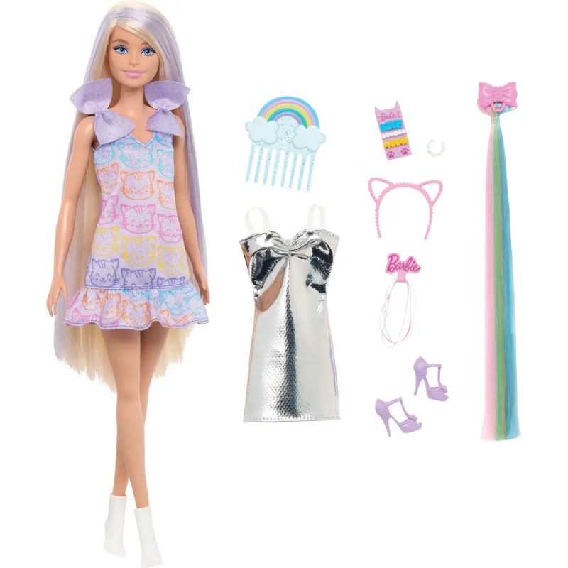 Barbie mit pastellfarbenem und silbernem Kleid, Schuhen, Haarkamm und buntem Zubehör daneben. Barbie mit pastellfarbenem und silbernem Kleid, Schuhen, Haarkamm und buntem Zubehör daneben.