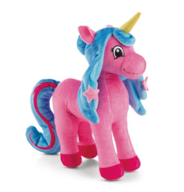 Plüsch-Einhorn in Rosa mit blauer Mähne, gelbem Horn und Sternen auf Ohren sowie Beinen.