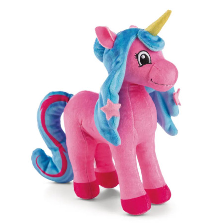 Plüsch-Einhorn in Rosa mit blauer Mähne, gelbem Horn und Sternen auf Ohren sowie Beinen.