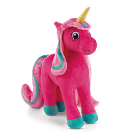 Plüsch-Einhorn in Rosa mit blauen Hufen, gelbem Horn sowie bunter Mähne und Schweif.
