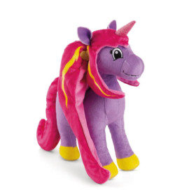 Ein Plüsch-Einhorn in Lila mit pinker Mähne, gelbem Akzent und glitzerndem pinken Horn.