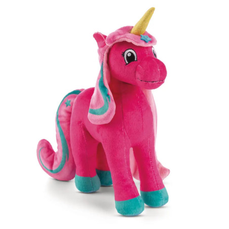 Plüsch-Einhorn in leuchtendem Pink mit gelbem Horn, blauen Hufen sowie bunter Mähne und Schweif.
