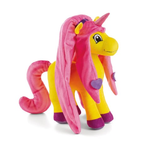 Plüsch-Einhorn, gelb mit pinker Mähne, Schweif und Horn, violetten Herzen an Beinen und Ohren.