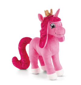 Rosa Plüscheinhorn mit weißem Hufen, gekräuseltem Schweif und goldener Krone, das freundlich lächelt.