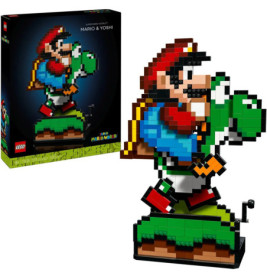 LEGO-Set: Mario auf Yoshi im Pixelstil, die Verpackung ist im Hintergrund zu sehen.