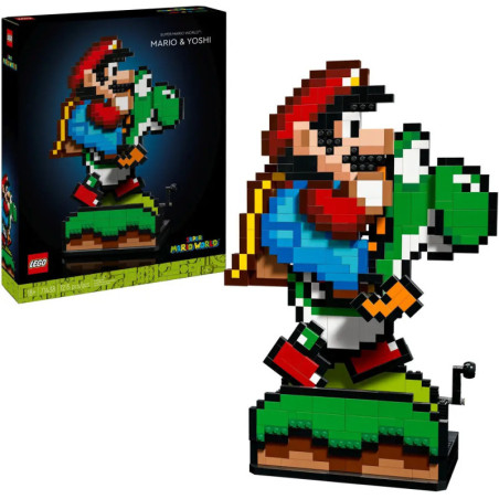 LEGO-Set: Mario auf Yoshi im Pixelstil, die Verpackung ist im Hintergrund zu sehen. LEGO-Set: Mario auf Yoshi im Pixelstil, die Verpackung ist im Hintergrund zu sehen.