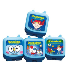 Fünf blaue Nachtlichter mit bunten Cartoon-Motiven, deutschen Texten sowie Kinder-, Tier- und Naturthemen.
