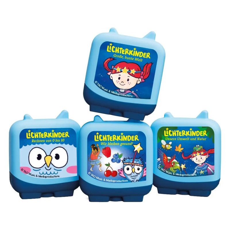 Fünf blaue Nachtlichter mit bunten Cartoon-Motiven, deutschen Texten sowie Kinder-, Tier- und Naturthemen.