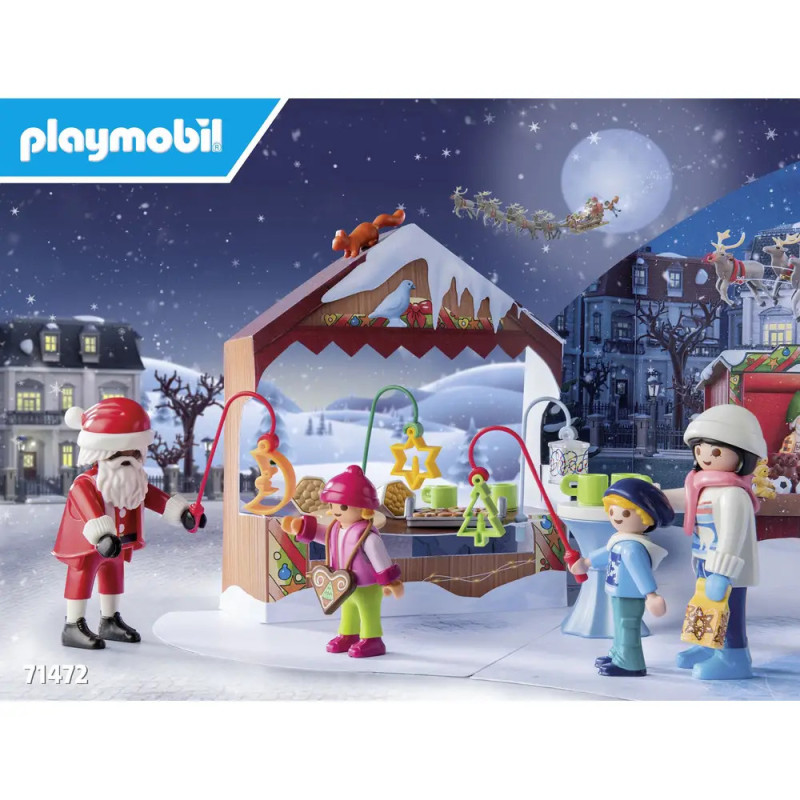 Playmobil: Weihnachtsmarktstand mit Santa, Familien und Keksen vor verschneiter nächtlicher Kulisse. Playmobil: Weihnachtsmarktstand mit Santa, Familien und Keksen vor verschneiter nächtlicher Kulisse.