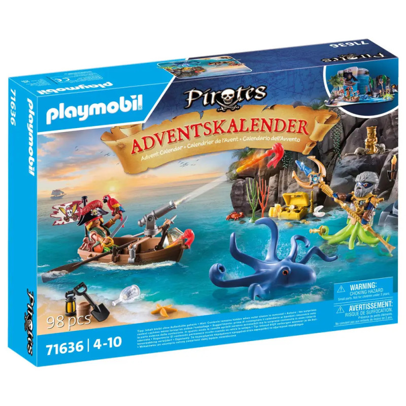 Playmobil Pirates Adventskalender mit Piratenfiguren, Boot, Schatz und großem blauem Oktopus auf der Verpackung. Playmobil Pirates Adventskalender mit Piratenfiguren, Boot, Schatz und großem blauem Oktopus auf der Verpackung.