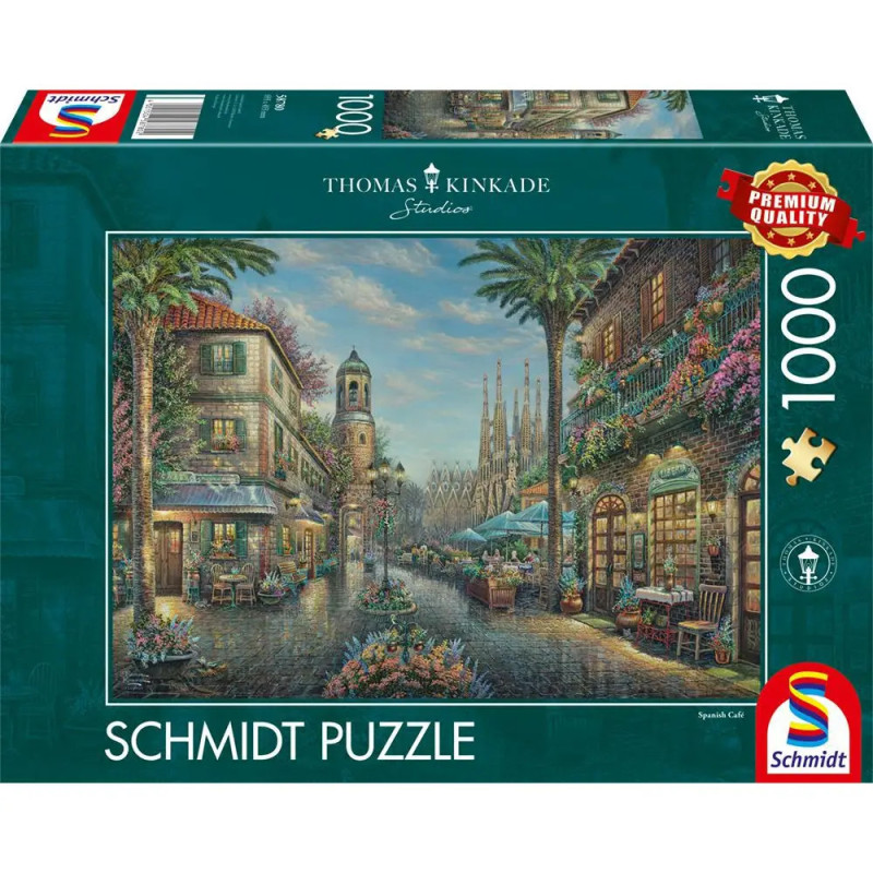 Schmidt Puzzle mit 1000 Teilen: Buntes Straßenszene-Motiv von Thomas Kinkade mit spanischer Architektur. Schmidt Puzzle mit 1000 Teilen: Buntes Straßenszene-Motiv von Thomas Kinkade mit spanischer Architektur.