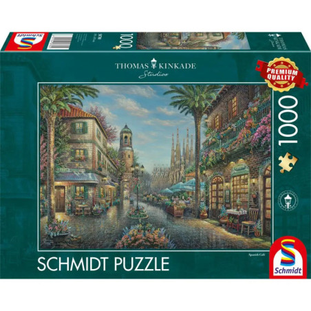 Schmidt Puzzle mit 1000 Teilen: Buntes Straßenszene-Motiv von Thomas Kinkade mit spanischer Architektur.