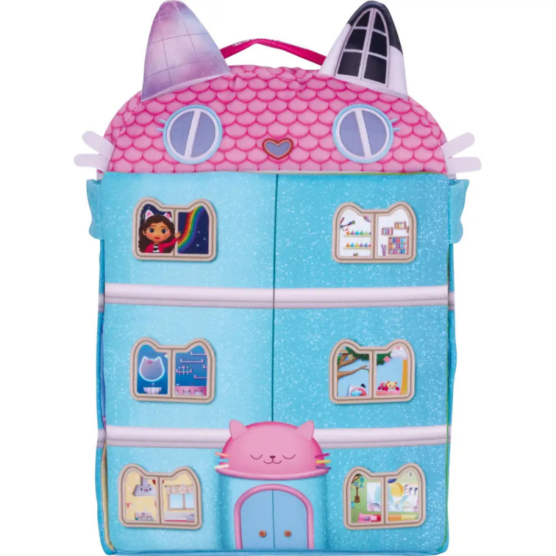 Buntes, katzenförmiges Puppenhaus mit Fenstern, durch die man Zimmer und Figuren auf drei Etagen sieht.