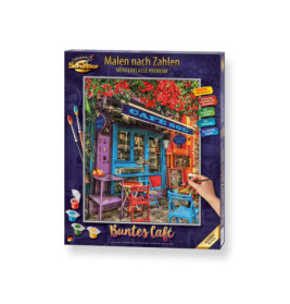 Malset-Schachtel mit Motiv eines bunten Straßencafés, Tischen, Stühlen und farbenfrohen Blumen.