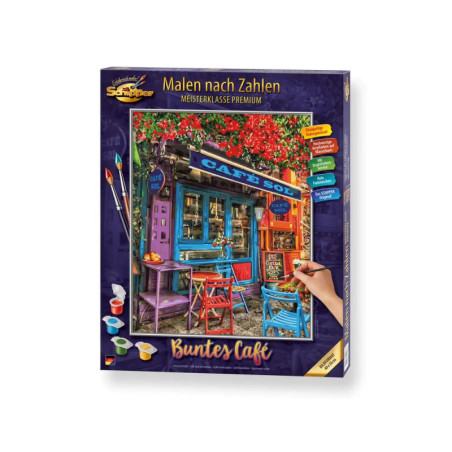 Malset-Schachtel mit Motiv eines bunten Straßencafés, Tischen, Stühlen und farbenfrohen Blumen.