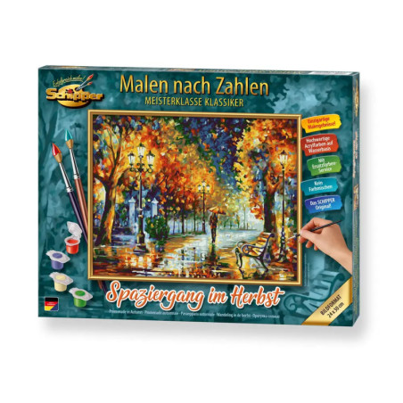 Malset-Box mit Herbstpark-Motiv, Farbtöpfchen, Pinseln und deutscher Aufschrift auf der Vorderseite.