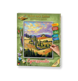 Mal-nach-Zahlen-Set mit Landschaftsmotiv, Zypressen und einer Hand, die das Bild ausmalt.