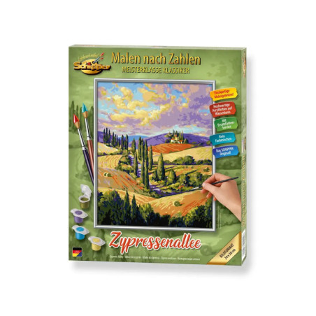 Mal-nach-Zahlen-Set mit Landschaftsmotiv, Zypressen und einer Hand, die das Bild ausmalt.