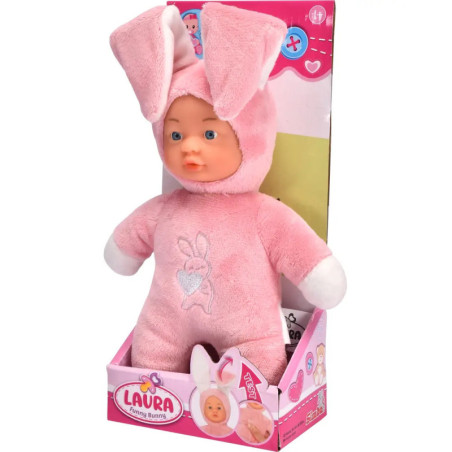 Babypuppe im rosa Hasenkostüm mit Schlappohren, präsentiert in einer Box mit der Aufschrift Laura Funny Bunny.