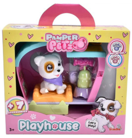 Spielset mit Welpen-Spielhaus und Zubehör in bunter Box, beschriftet mit Pamper Petz Playhouse.