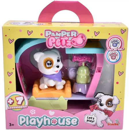 Spielset mit Welpen-Spielhaus und Zubehör in bunter Box, beschriftet mit Pamper Petz Playhouse.