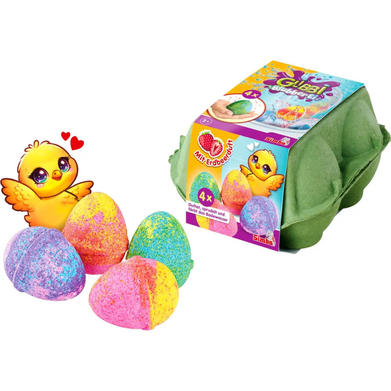 Packung mit vier bunten, eiförmigen Badebomben und einem niedlichen Cartoon-Küken mit Herzen.
